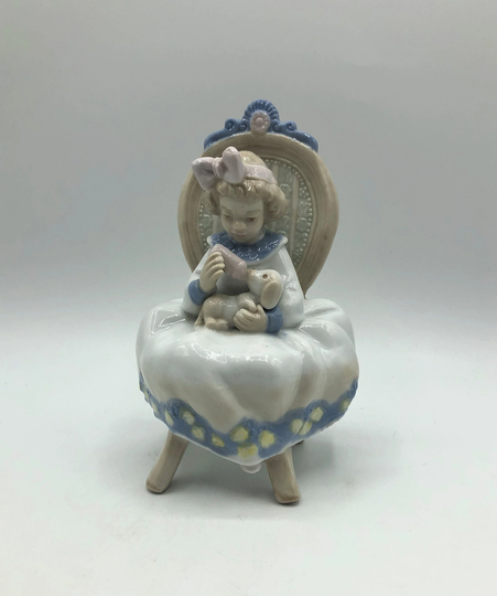 Porcelain Figurine Girl Sitting in Chair Feeding A Puppy Her Lap With Bottle. Beautiful Pastel Colors. 6" Tall
