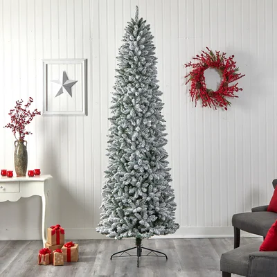 Slender Realistic Artificial Fir Flocked/Frosted Christmas Tree with LED Lights