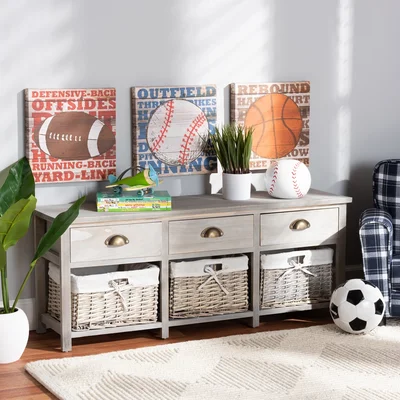 Dorles Oaks Studio Pardon Modern And Contemporary Light Grey Finished Wood 3-Drawer Storage Bench With Baskets