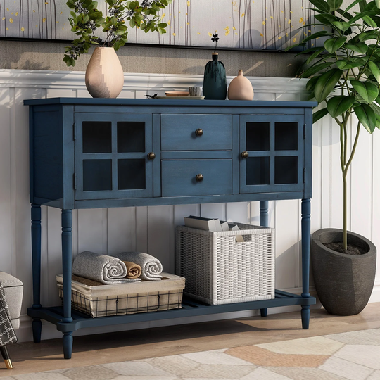 Sideboard Console Table with Bottom Shelf & Two Drawers Farmhouse Wood and Glass Buffet Storage Cabinet Living Room