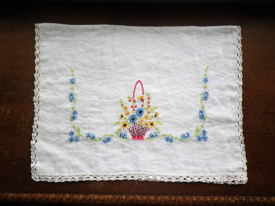 30x20" Table Scarf/Runner Floral Hand Embroidered Vintage Linen Crochet Edge Flower Basket Cottagecore Cottage Core Decor Dresser Farm