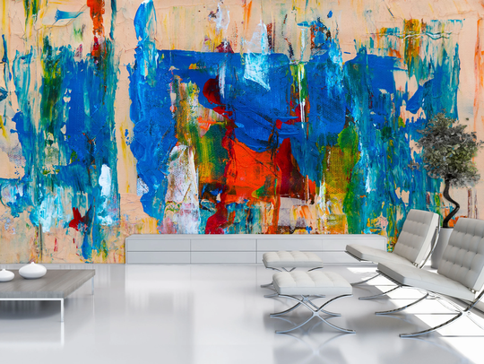 Wallpaper Design, Blue-Red-Green Color, Multicolor, Mixing Acrylic Paints, Modern, Vibrant Color Look, Paint Stains, Wall Decor