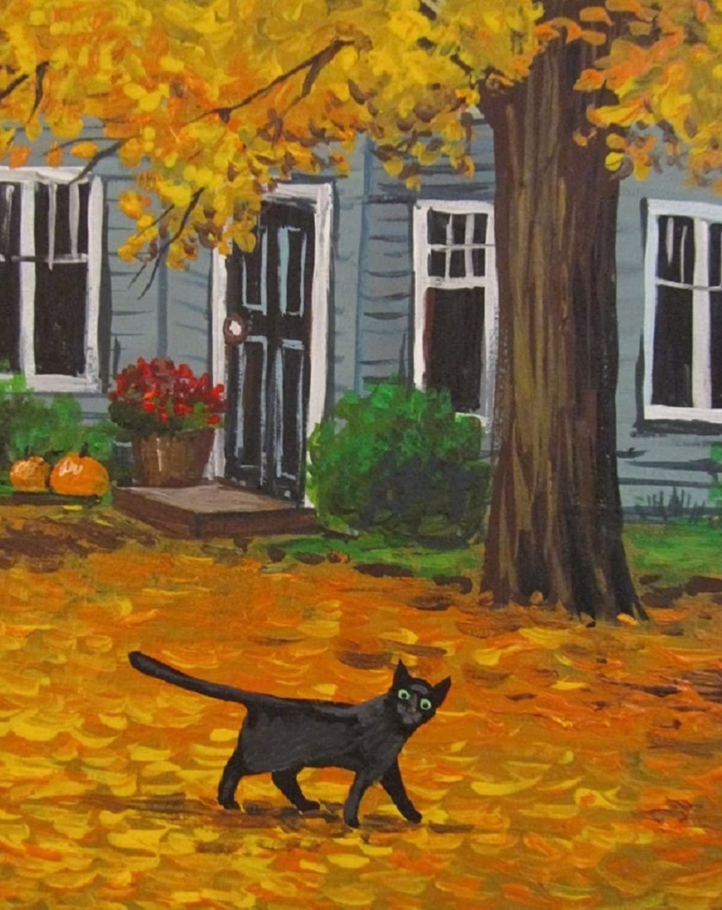 8x10 Gold Autumn Ryta Halloween Fall Colors Black Cat Leaf Vintage Style Art Table Fine Wall Interior Decor Office Business Decoration