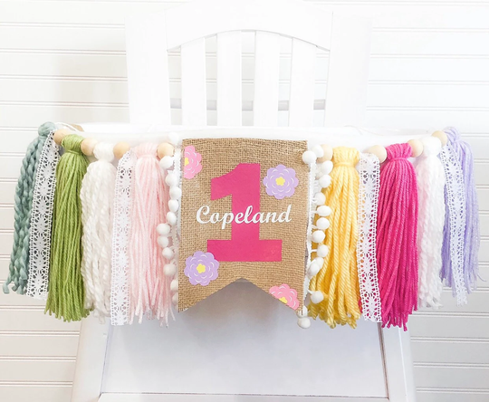 Boho Wildflower Birthday High Chair Yarn Tassel Banner, Cake Smash Backdrop First Birthday