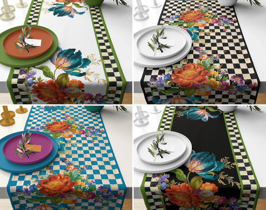 Flower Table Decor, Decorative Linen, Floral Top, Blossom Cover, Rosebud Runner, Black White Design Runner