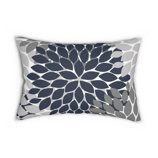 Blue & Gray Flower Burst Lumbar Pillow, Decorative Floral Nursery Rocking Chair Pillow - lbr15