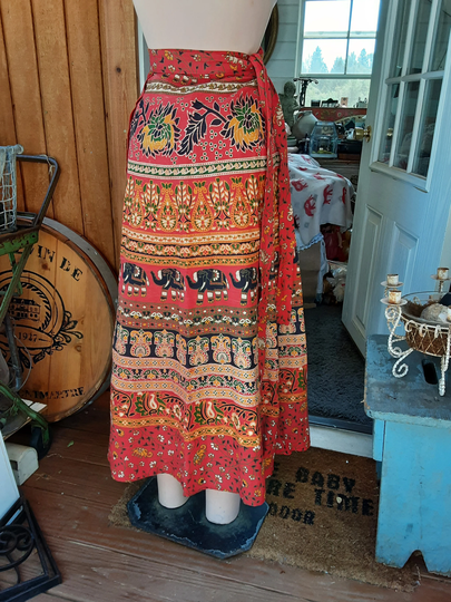 Wrap Skirt Vintage Colorful Print Batik Style Elephants & Botanicalsmultiple Colors Red Orange Blue Green & Moreadjustable Waist