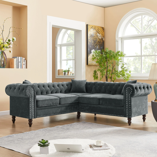 80" Tufted Upholstered Roll Arm L-shaped Sofa 3 Pillows Grey velvet