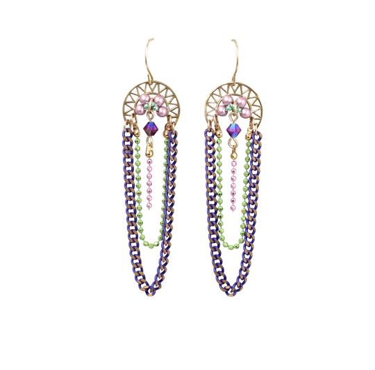 Purple & Green Earrings, Colorful Chandelier Dangle Chain Earring, Swarovski Crystal Pearl Party Earrings