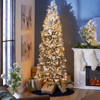 Home Heritage Anson 7 Foot Slim Pine Prelit Flocked Artificial Christmas Tree