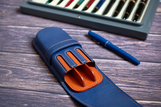 Blue Ocean Leather 3 Pen Case, Triple Fountain Pencil