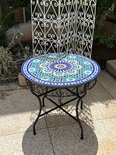 Moroccan Table, Luxury Furniture, Outdoor Coffee Table, Mosaic Resin Top Metal Base Frame Outdoor Traditional Round Table