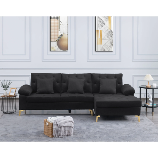 L Shaped Sectional Sofa Couch with Chaise Lounge, Button Tufted Right Hand Facing Sofa & Chaise with 3 Pillows & Metal Legs