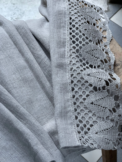 Rustic Linen Table Runner, Natural Grey Vintage Stonewashed Farmhouse Runner Lace Floral-Tulip