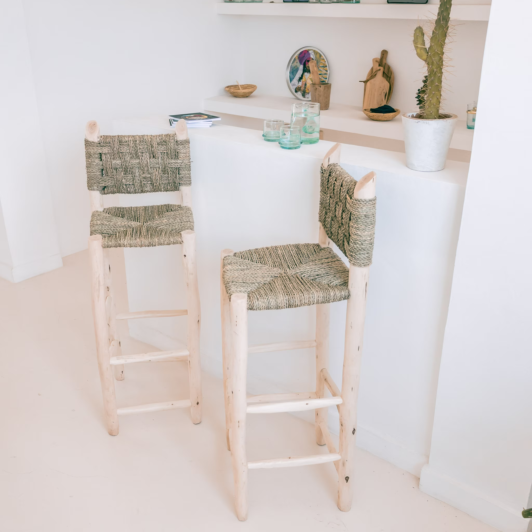 Wooden Bar Chair 23, 26 & 30 Inches, High in Wood Rope Braiding, Doum, Handcrafted, Bohemian Chic Ethnic Style