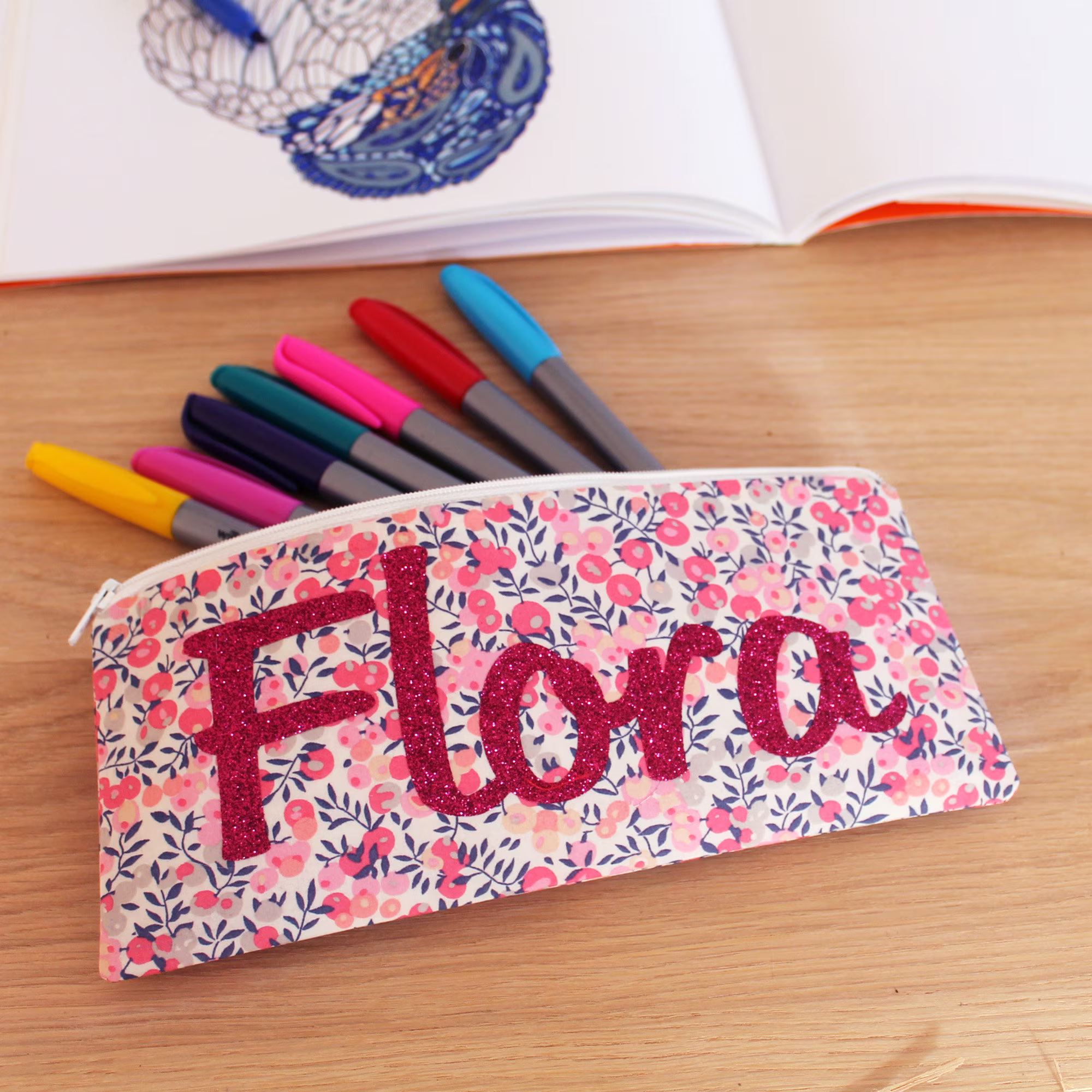 Liberty Glitter Name Pencil Case - Personalised Zip Pouch School Supplies Stationery Of London Pink Floral Personalized