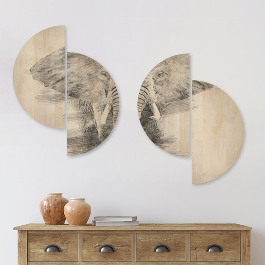Designart 'Black and White Elephant Pencil ketch' Animals Wood Wall Art Set of 4 Half Circles