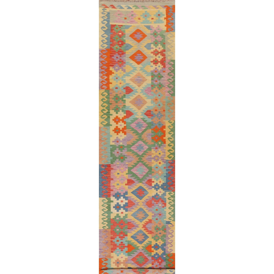 Reversible Kilim Colorful Runner Rug Hand-woven Wool Carpet - 2'9"x 13'1"