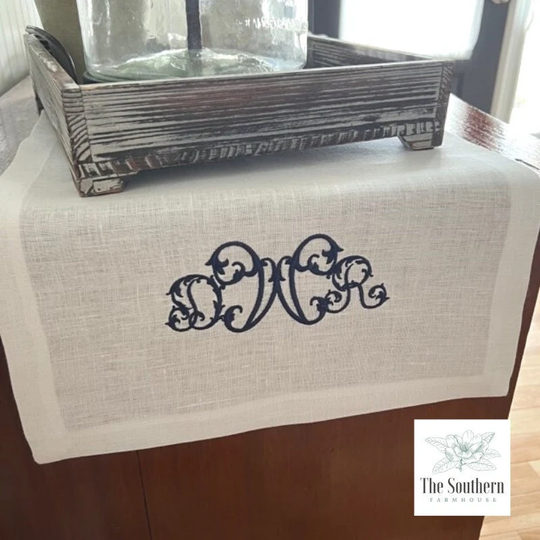 100% Linen Monogrammed Table Runner - Antique Couture Monogram Handmade Heirloom Linens Embroidered