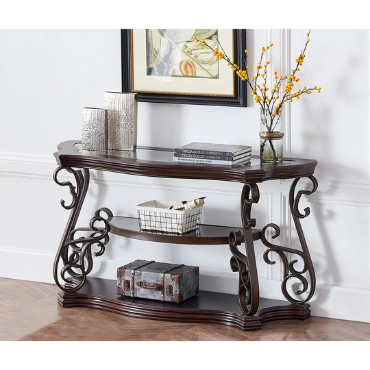 Sofa Table, Glass table top, MDF W/marble paper middle shelf, powder coat finish metal legs. (54"Lx20"Wx30"H)