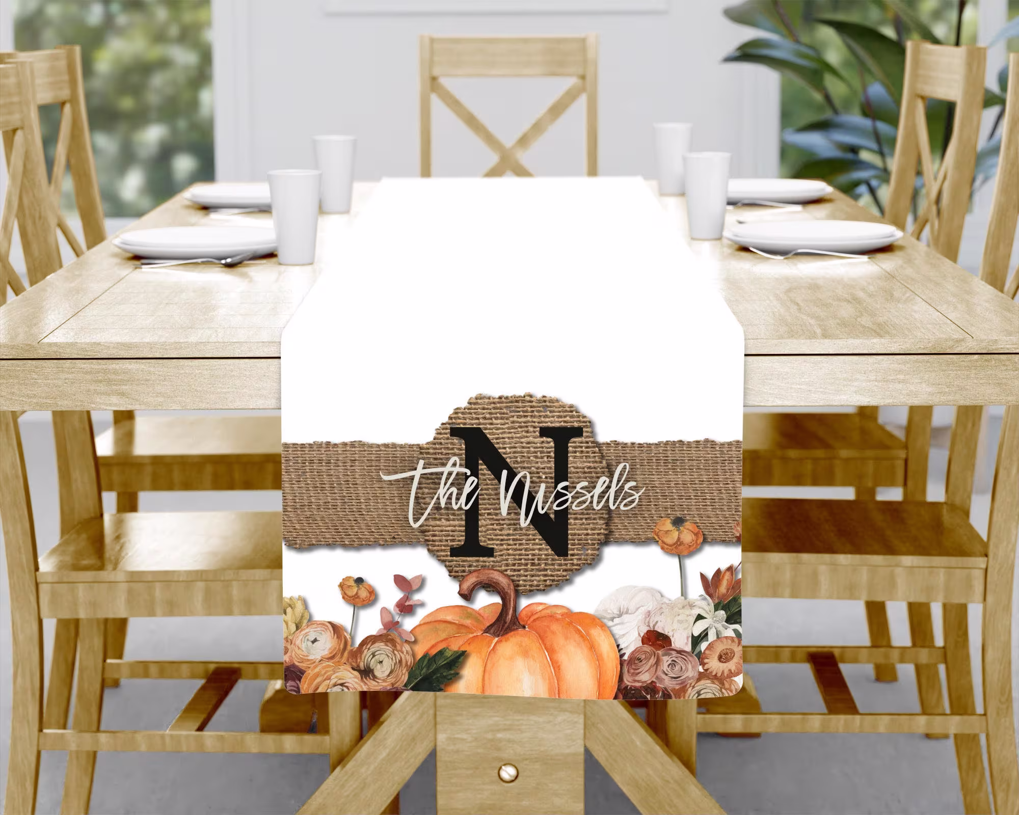 Fall Floral Personalized Table Runner- Rustic Farm House Décor - Gingham Burlap Custom Home Thanksgiving