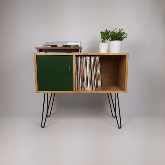 Oak Sideboard | Original Vintage Handles Green Door Media Console Vinyl Record Storage Cabinet Unit