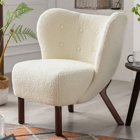 Modern sheepskin Sherpa Wingback tufted side chair with solid wood legs, suitable for living room or bedroom