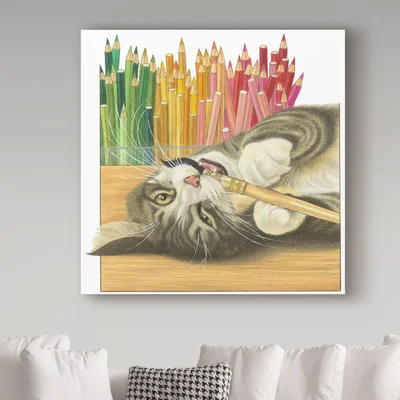 'Gray Cat Over Pencils' Acrylic Painting Print on Wrapped Canvas