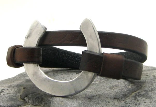 Men's Leather Bracelet Brown Wrap Men's With Hammered Metal Work Horseshoe Clasp.hammered Work