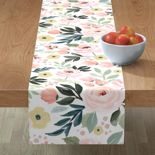 Romantic Floral Table Runner - Peony Garden By Sara Swanson Design Watercolor Peach Pink Rose Cotton Sateen Spoonflower