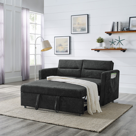 54.5" Loveseat Sofa Chenille Padded Seat Versatile Pull out Sleeper Sofa Bed with Adjustable Backrest and Casters, 2 Arm Pocket