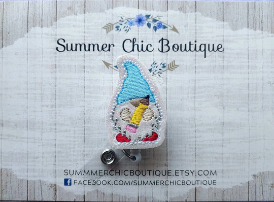 Glitter Gnome With Pencil Badge Reel, Teacher School Holder