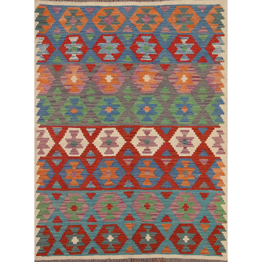 Reversible Kilim Oriental Area Rug Flat-weave Multi-Color Wool Carpet - 5'1" x 6'4"