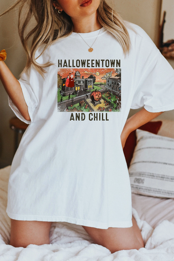 Halloweentown & Chill, Comfort Colors Smile Shirt, Retro Smiley Tee, Crew Neck, Short Sleeve, Oversized, Halloween, October 31
