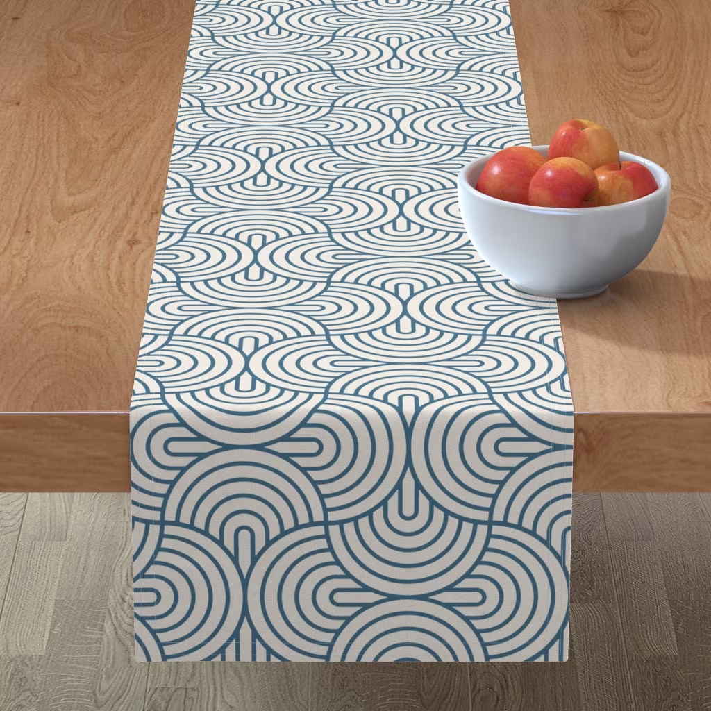 Mid Century Modern Table Runner - Mod Ovals By Nolkdesign Blue Oyster White Retro Inspired Cotton Sateen Spoonflower