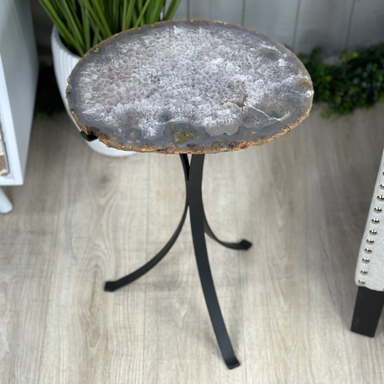 Natural Brazilian Agate Side Table, Single Slice On A Black Metal Base, 22" Tall #1305-0109 By Brazil Gems