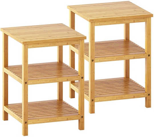 Bamboo Side Table With Storage Shelf Nightstand Bedside For Small Space in Living Room Bedroom & Home Office 3-Tier Set Of 2