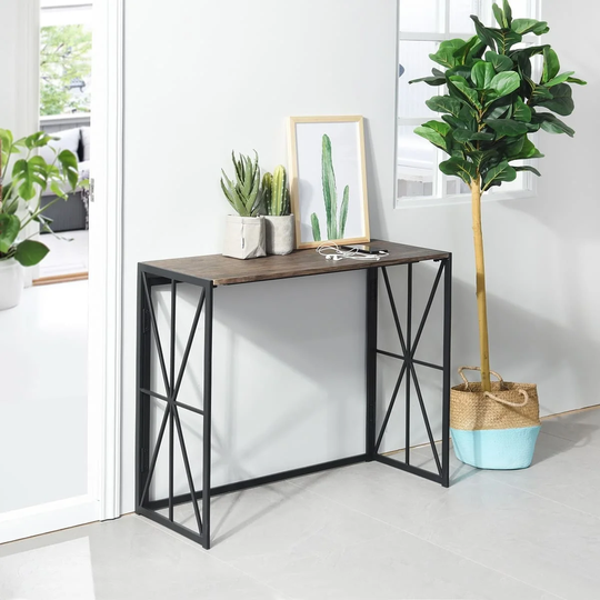 39.4 Inch Foldable Console Table Rectangle Sofa Table Walnut Coffee Table with Storage Area Entryway Table with Metal Frame