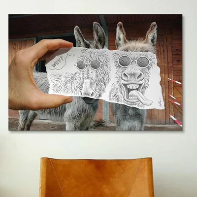 'Pencil with Camera 12 Funny Donkeys' by Ben Heine Photographic Print on Wrapped Canvas