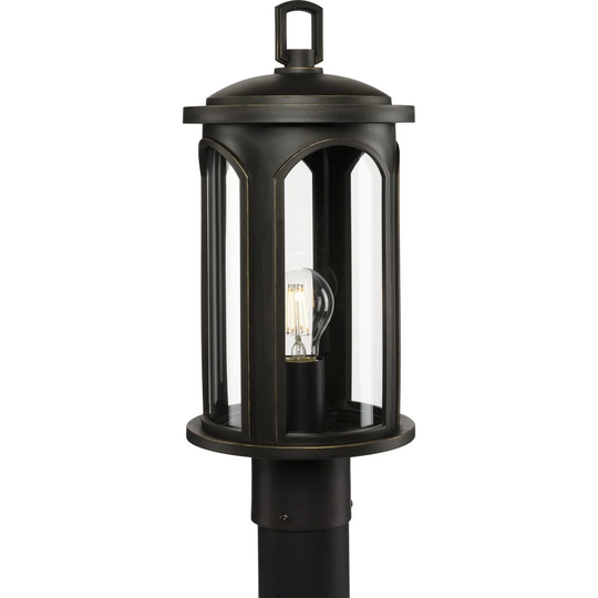 Gables Collection 1-Light Antique Bronze Clear Glass Traditional Outdoor Post Lantern Light - 7.5 in x 7.5 in x 16.75 in