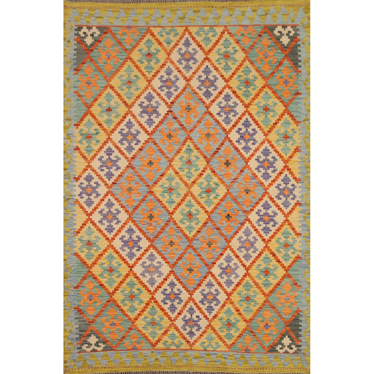 Reversible Multi-Color Kilim Area Rug Flat-weave Geometric Wool Carpet - 5'1" x 6'11"