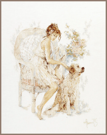 Counted Cross Stitch Kit - Girls in Chair With Dog By Lanarte, Romance Series