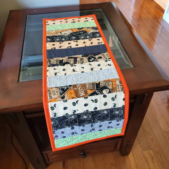 Quilted Halloween Table Runner, October Topper, Handmade Fall Decor, Coffee Centerpiece, Spiders, Witch, Pumpkins, Cat 28"x10"