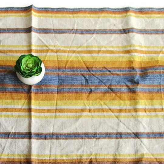 Vintage Woven Table Runner Swedish Mid Century Linens Blue Yellow Striped Linen Blend Cloth Scandinavian Textile Home Decor