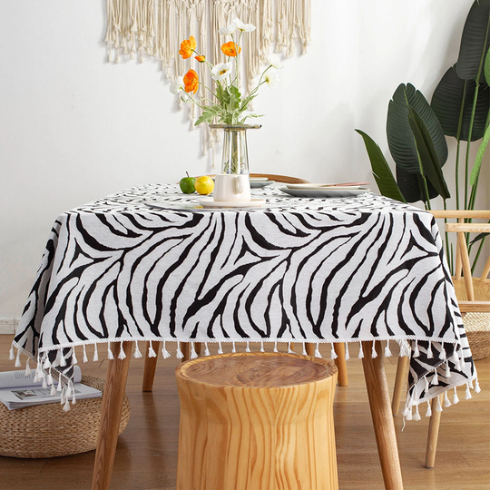 Classic Black & White Striped Table Linens, Modern Stripes Pattern Elegant Table Cloth, Bachelorette Party Tablecloth, Tassel Linen