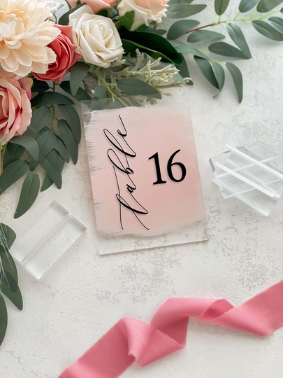Acrylic Table Numbers, 5"x7" With Stands, Seating Arrangement, Modern Decor, Clear, Frosted, Painted Back, Custom, Script - Poppy