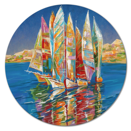 Designart 'Colorful Sailboat On Blue' Nautical & Coastal Metal Circle Wall Art