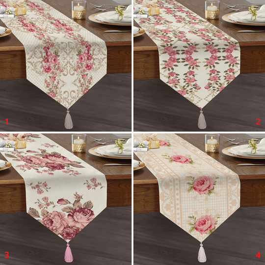 Rose Pattern Table Linen, Pink Dining Runner, Floral Style Variegated Triangle Tasseled Mother's Day Gift