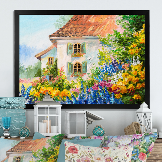 Designart 'Colorful Flowers In Mediterranean House VI' Cabin & Lodge Framed Wall Decor