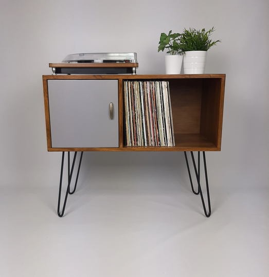 Walnut Sideboard with Hairpin Legs | Pearl Grey Door Vinyl Record Storage Table Scandinavian Design Side